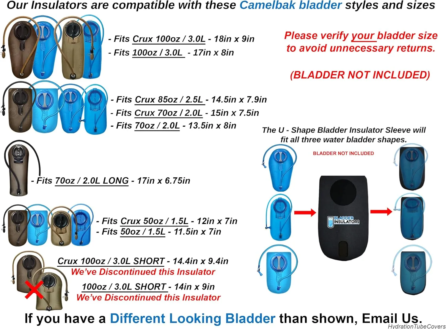 Bladder Insulators are Compatible with Camelbak Reservoir Water Bladder. Will fit MIL Spec Antidote and Crux