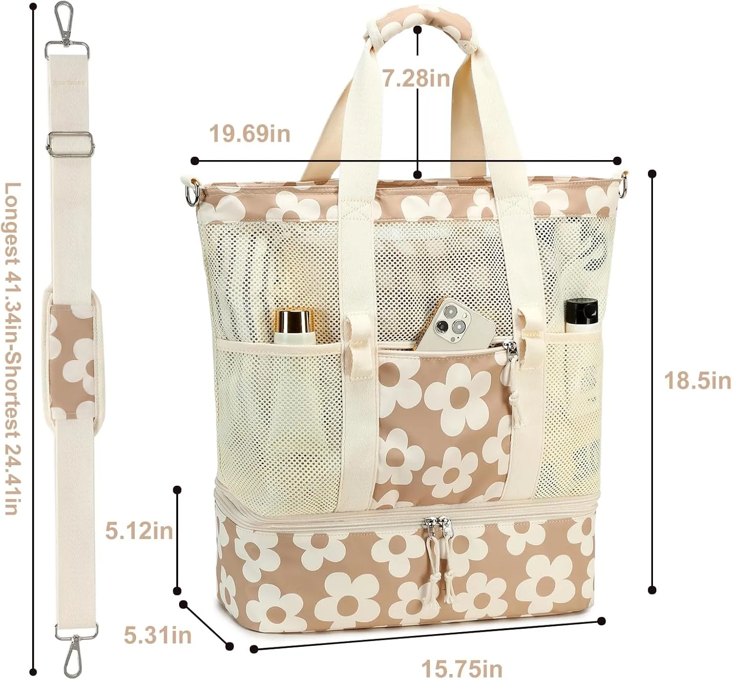 Bluboon Mesh Beach Tote Bag with Cooler Compartment Insulated Detachable Picnic Bag with Zipper and Pocket Pool Bag for Women