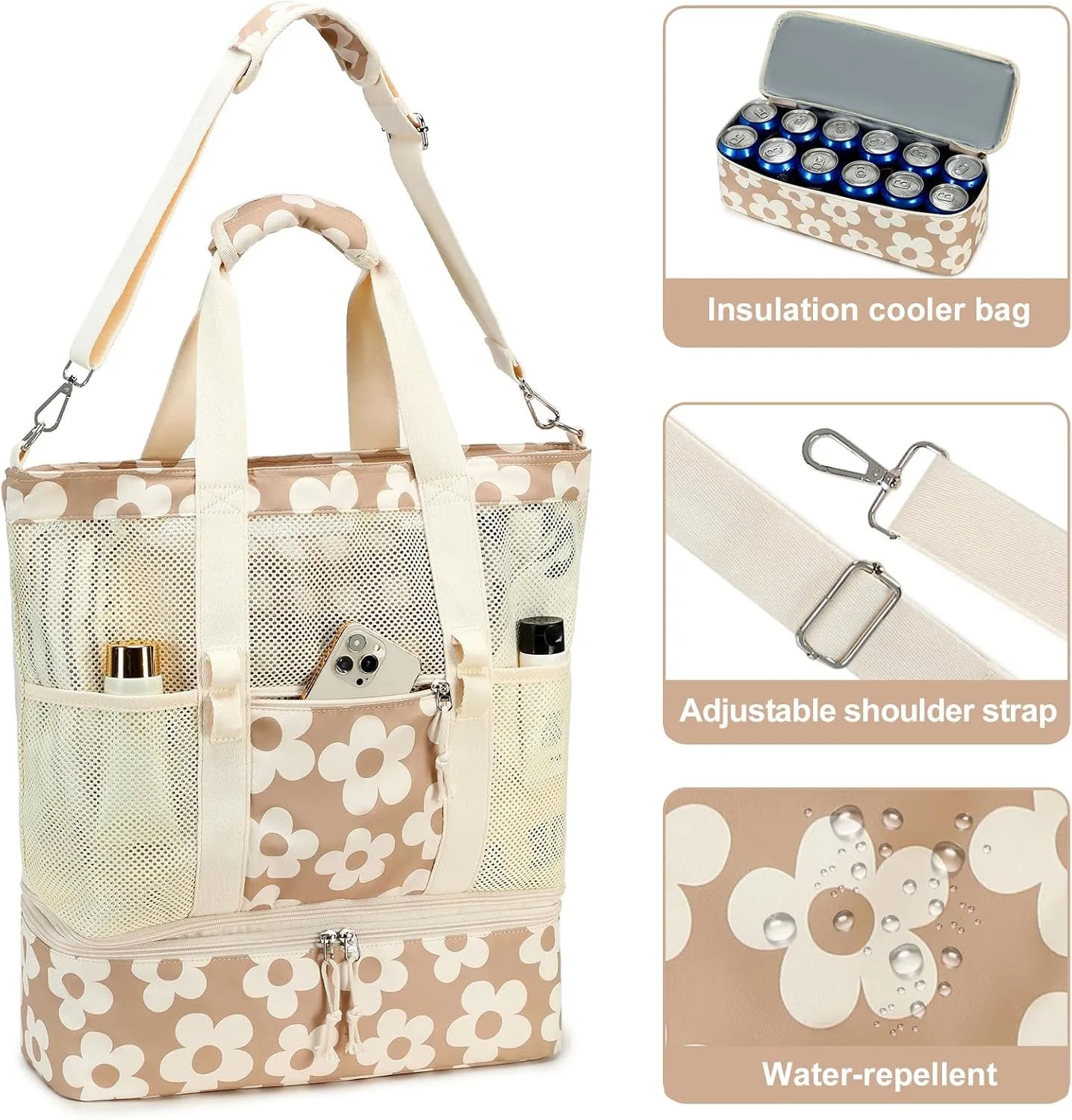 Bluboon Mesh Beach Tote Bag with Cooler Compartment Insulated Detachable Picnic Bag with Zipper and Pocket Pool Bag for Women