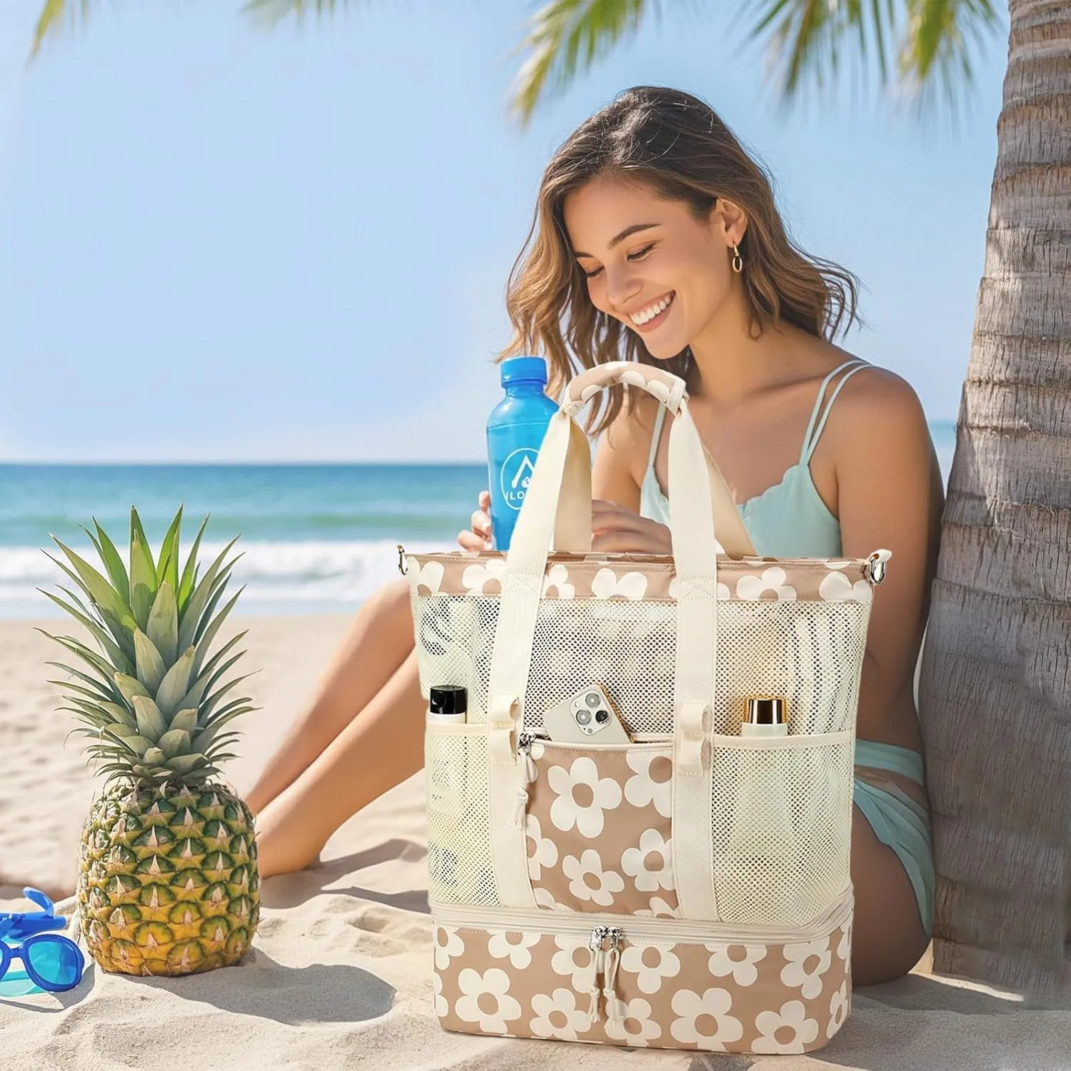 Bluboon Mesh Beach Tote Bag with Cooler Compartment Insulated Detachable Picnic Bag with Zipper and Pocket Pool Bag for Women