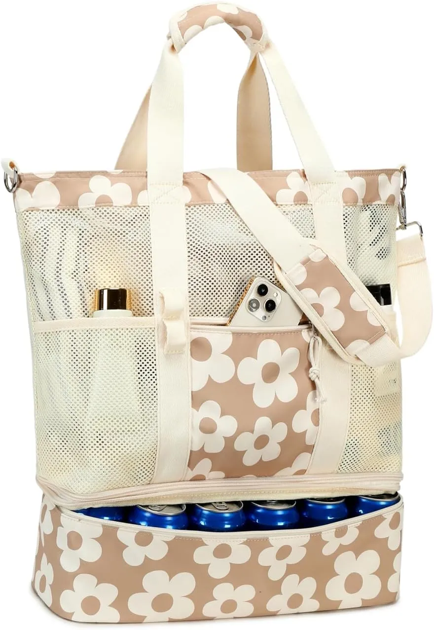 Bluboon Mesh Beach Tote Bag with Cooler Compartment Insulated Detachable Picnic Bag with Zipper and Pocket Pool Bag for Women
