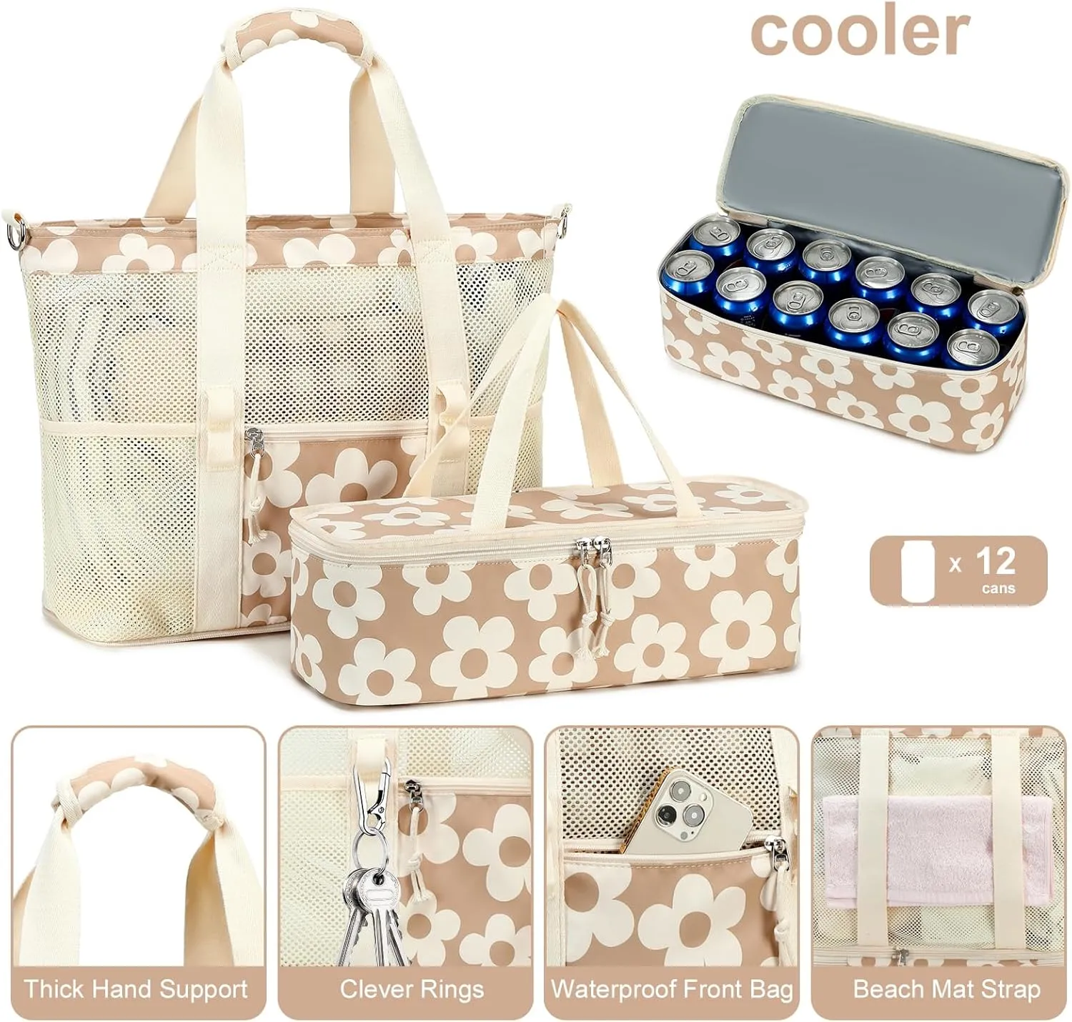 Bluboon Mesh Beach Tote Bag with Cooler Compartment Insulated Detachable Picnic Bag with Zipper and Pocket Pool Bag for Women