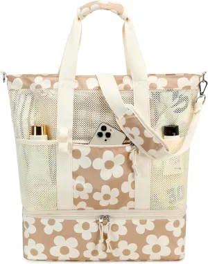 Bluboon Mesh Beach Tote Bag with Cooler Compartment Insulated Detachable Picnic Bag with Zipper and Pocket Pool Bag for Women