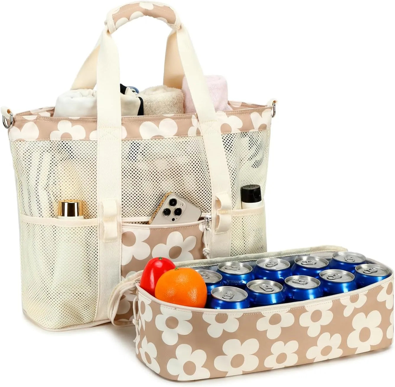 Bluboon Mesh Beach Tote Bag with Cooler Compartment Insulated Detachable Picnic Bag with Zipper and Pocket Pool Bag for Women