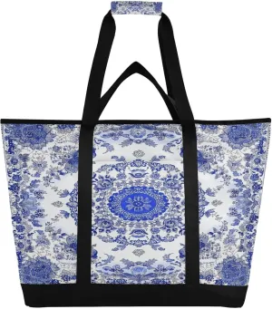 Blue and White Porcelain Reusable Insulated Lunchbox Cooler Bag, Leakproof Kitchen Grocery Bag Collapsible Portable Cooler Tote Bag for Picnic, Camping, Office, Travel