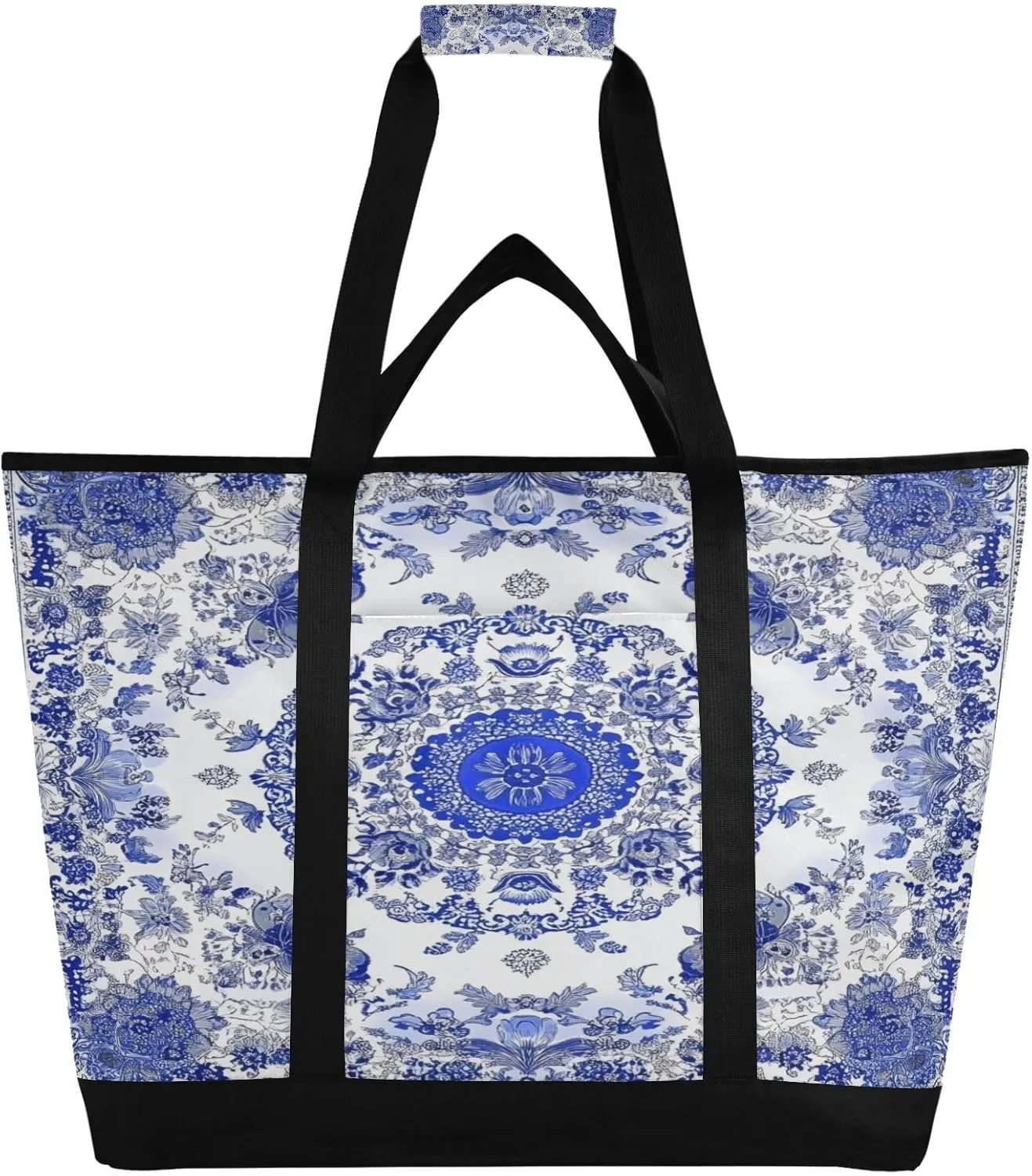 Blue and White Porcelain Reusable Insulated Lunchbox Cooler Bag, Leakproof Kitchen Grocery Bag Collapsible Portable Cooler Tote Bag for Picnic, Camping, Office, Travel
