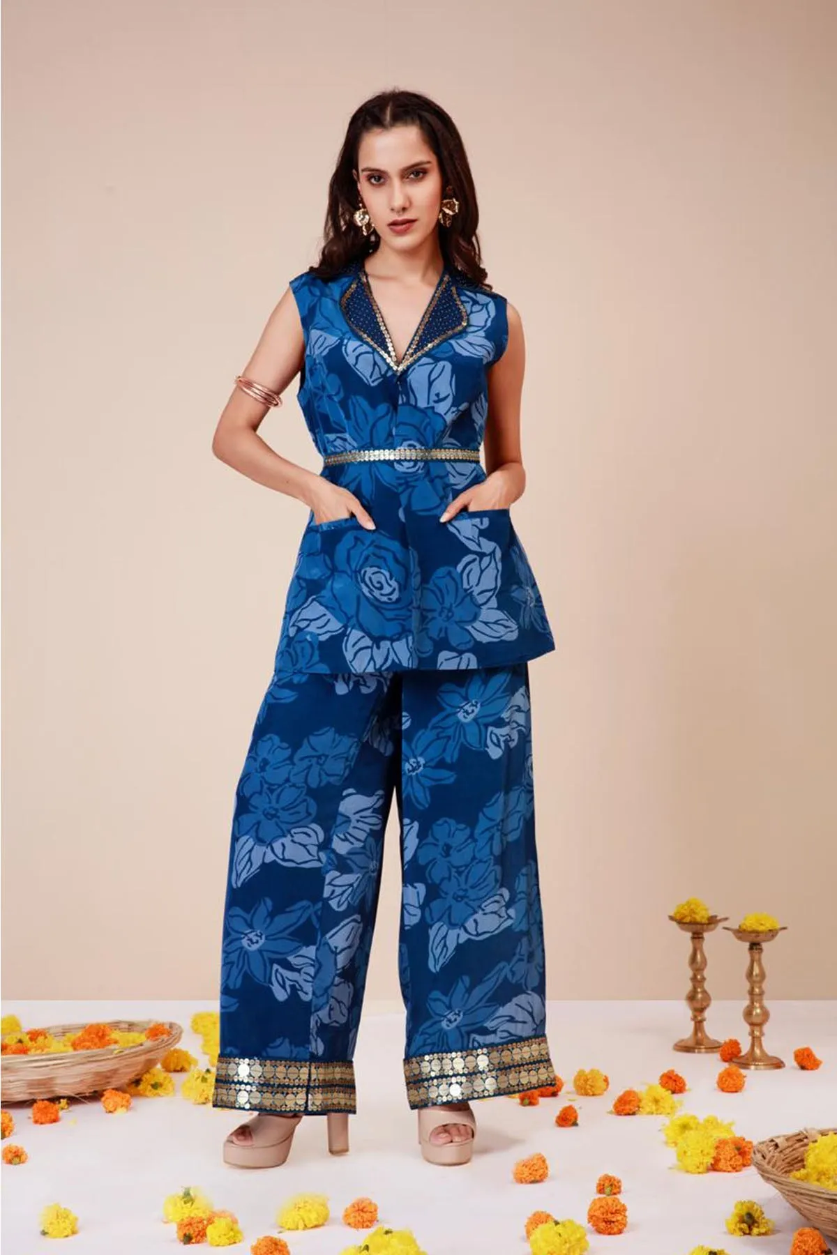 Blue Crepe Co-ord Set & Belt