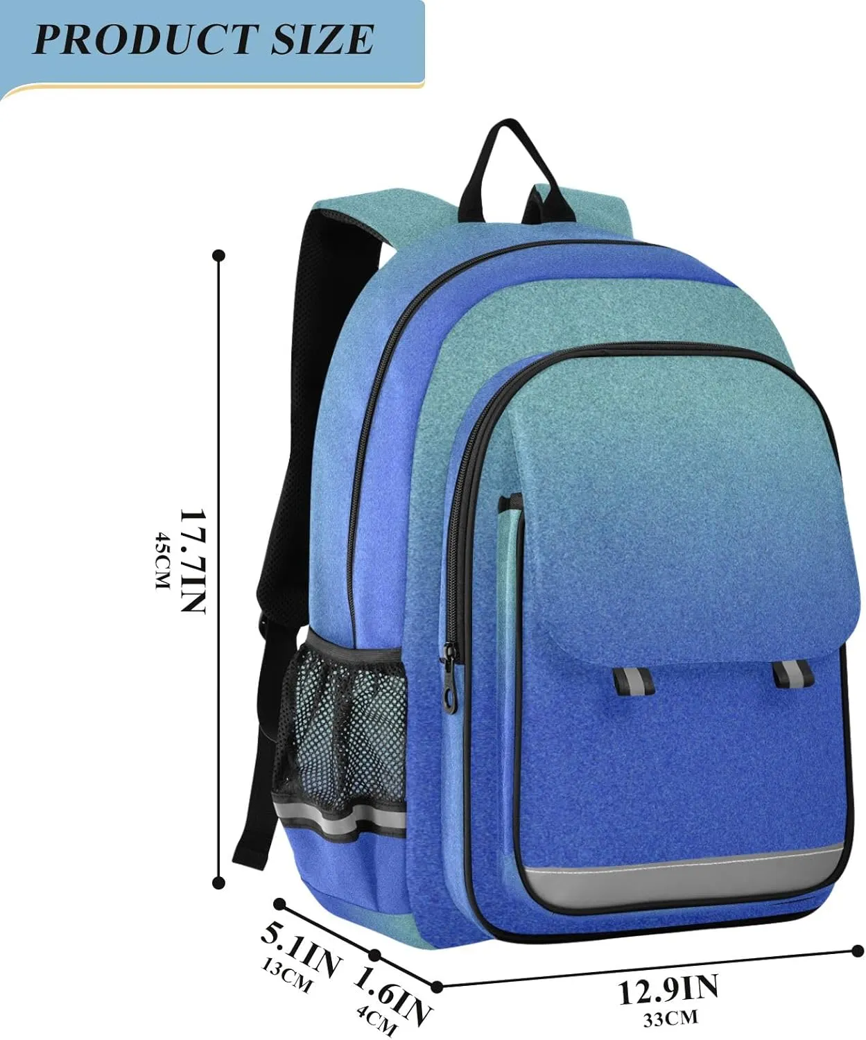 Blue Gradient Backpack School, Girls School Backpacks with Safety Reflective Strips, Backpack for Travel, Book Bag for Girls