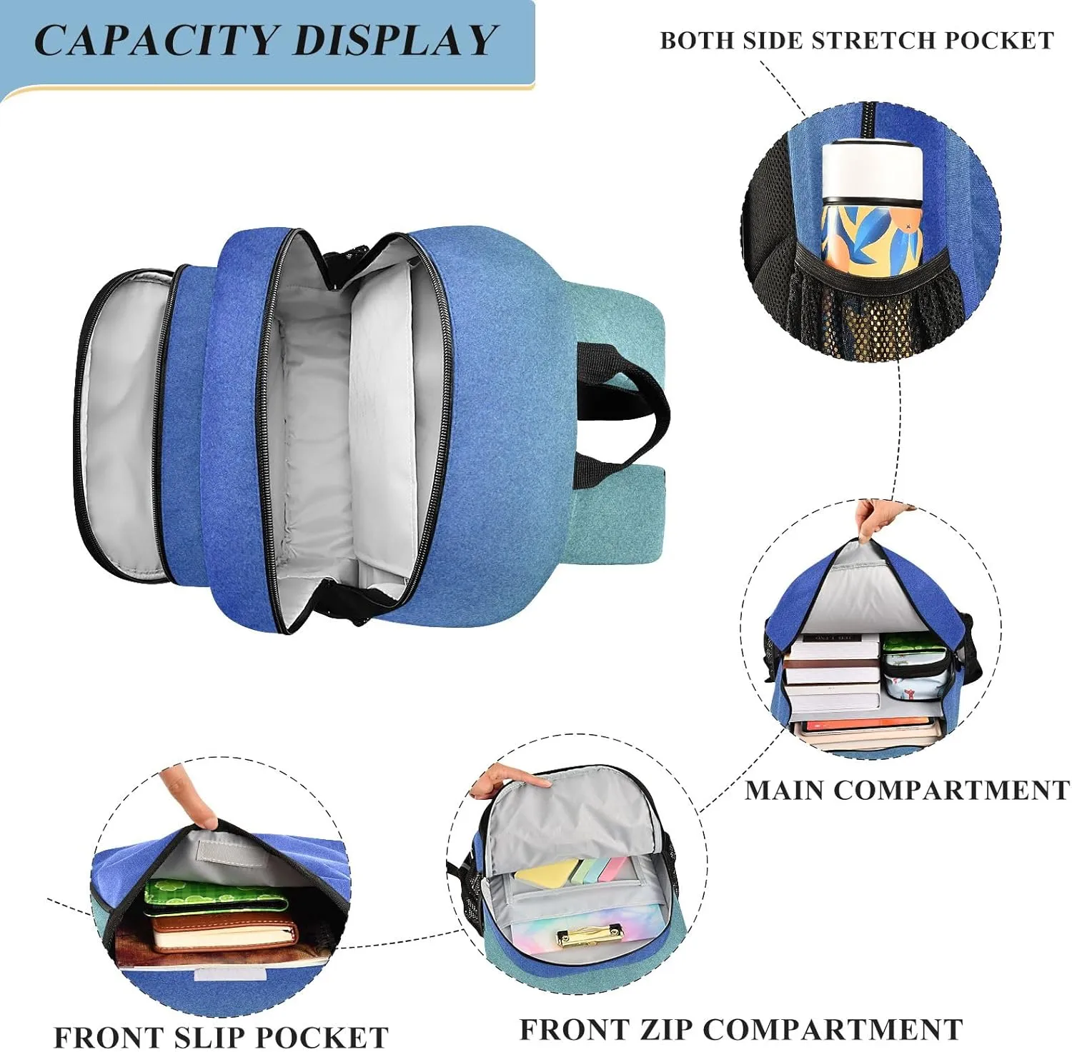 Blue Gradient Backpack School, Girls School Backpacks with Safety Reflective Strips, Backpack for Travel, Book Bag for Girls