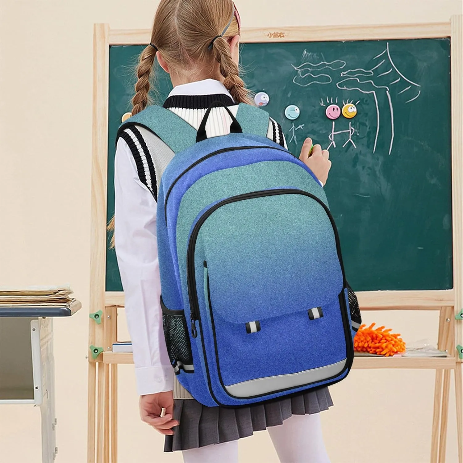 Blue Gradient Backpack School, Girls School Backpacks with Safety Reflective Strips, Backpack for Travel, Book Bag for Girls