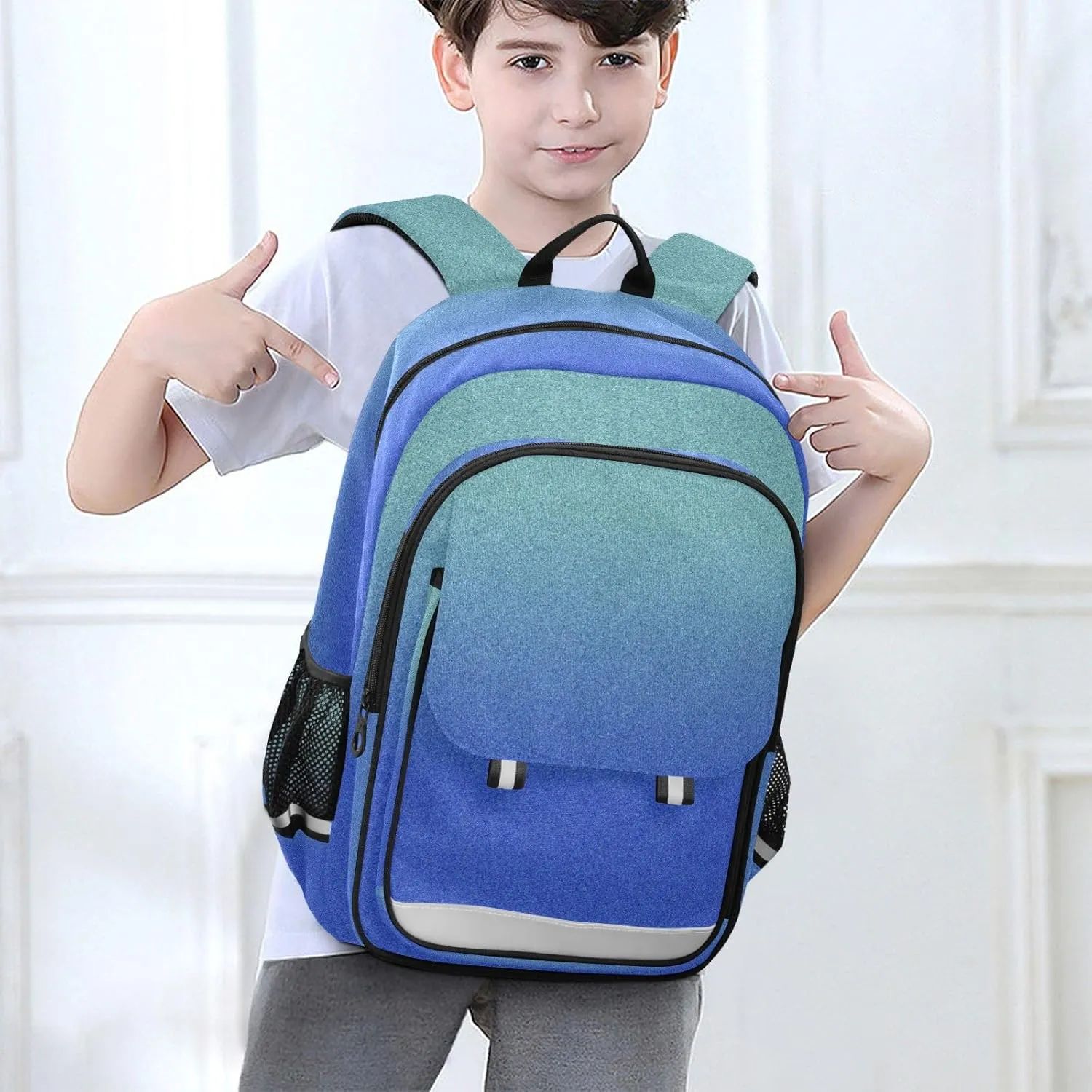 Blue Gradient Backpack School, Girls School Backpacks with Safety Reflective Strips, Backpack for Travel, Book Bag for Girls