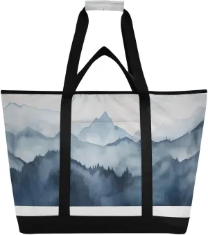 Blue Gray Mountain Reusable Insulated Lunchbox Cooler Bag, Leakproof Kitchen Grocery Bag Collapsible Portable Cooler Tote Bag for Picnic, Camping, Office, Travel