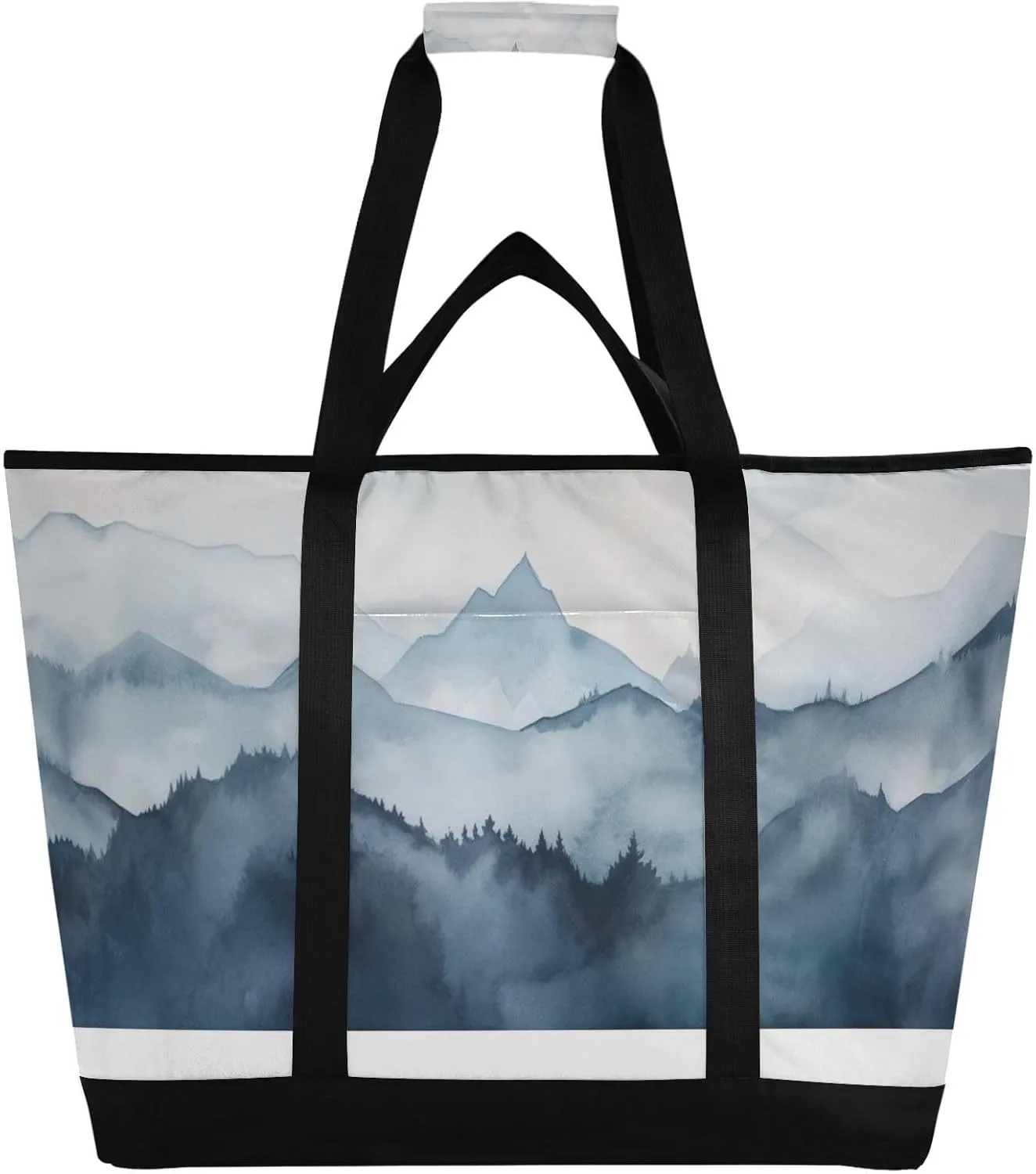 Blue Gray Mountain Reusable Insulated Lunchbox Cooler Bag, Leakproof Kitchen Grocery Bag Collapsible Portable Cooler Tote Bag for Picnic, Camping, Office, Travel