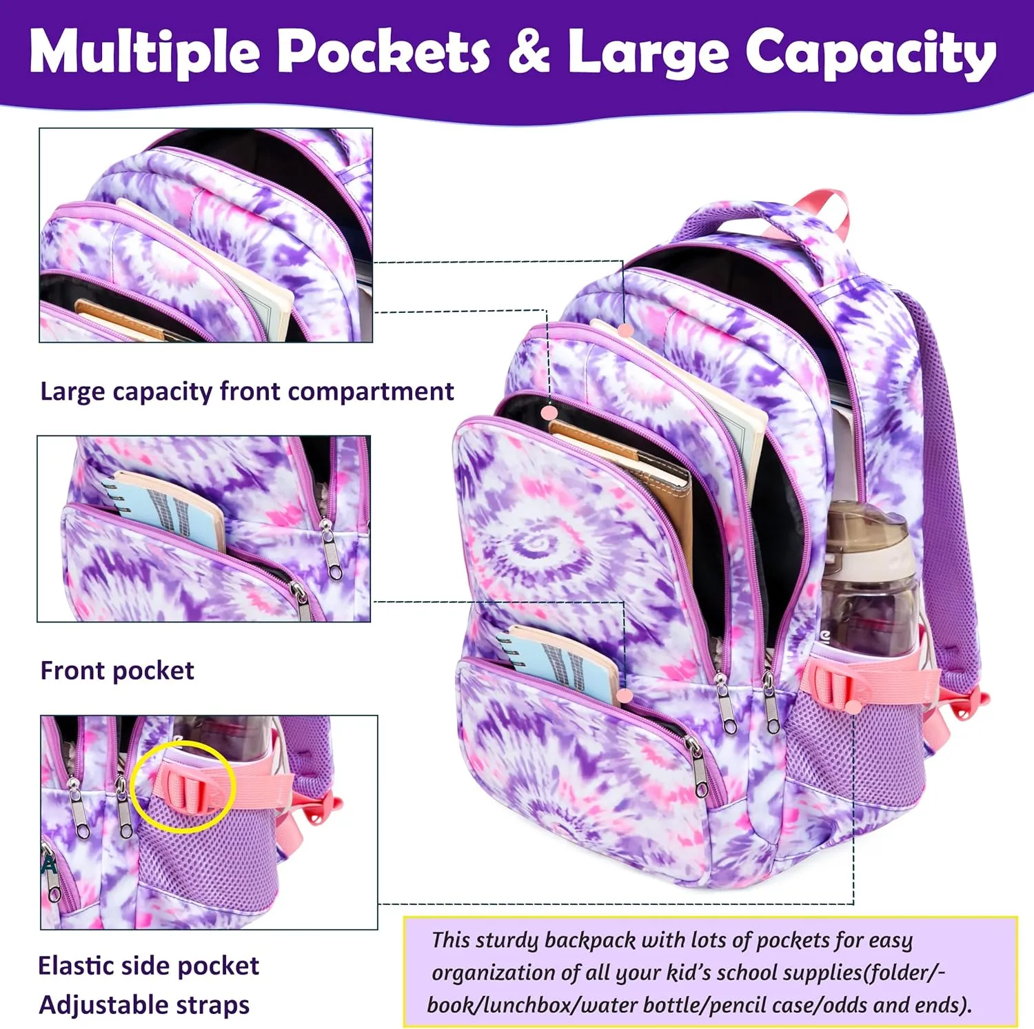 BLUEFAIRY Kids Backpacks for Girls in Bulk Elementary Primary Middle School Bags for Aged 8-10 for Childs Bookbag Back to School Gifts Mochilas para Niñas Tie-dye Purple 2 Pack