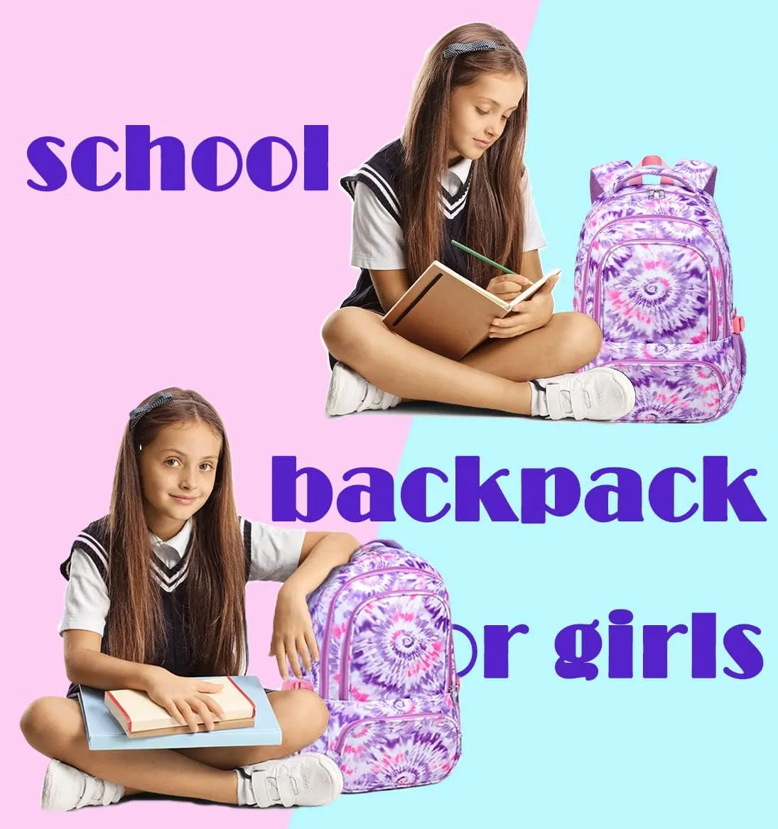 BLUEFAIRY Kids Backpacks for Girls in Bulk Elementary Primary Middle School Bags for Aged 8-10 for Childs Bookbag Back to School Gifts Mochilas para Niñas Tie-dye Purple 2 Pack