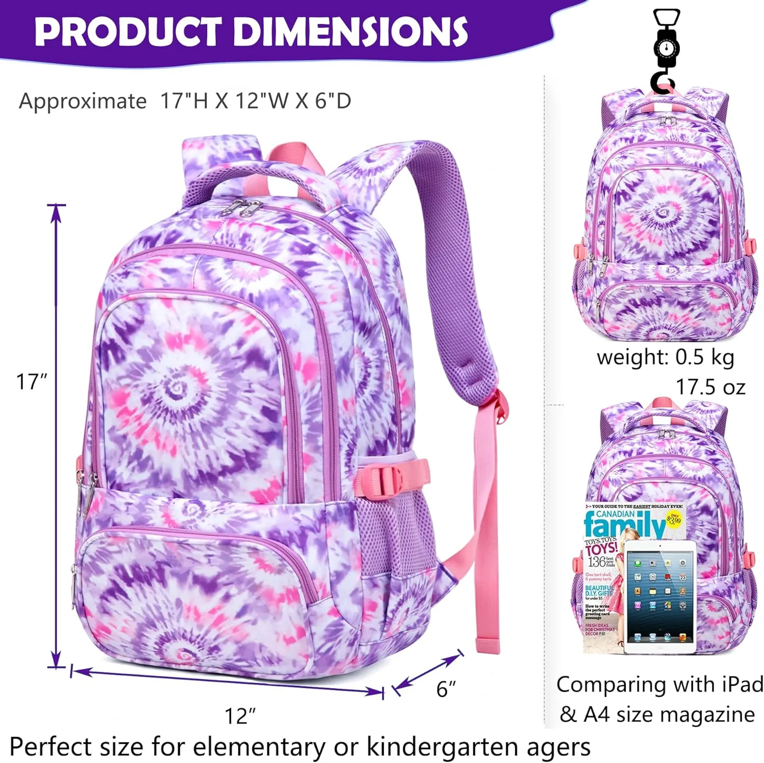 BLUEFAIRY Kids Backpacks for Girls in Bulk Elementary Primary Middle School Bags for Aged 8-10 for Childs Bookbag Back to School Gifts Mochilas para Niñas Tie-dye Purple 2 Pack