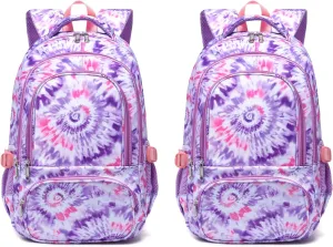BLUEFAIRY Kids Backpacks for Girls in Bulk Elementary Primary Middle School Bags for Aged 8-10 for Childs Bookbag Back to School Gifts Mochilas para Niñas Tie-dye Purple 2 Pack
