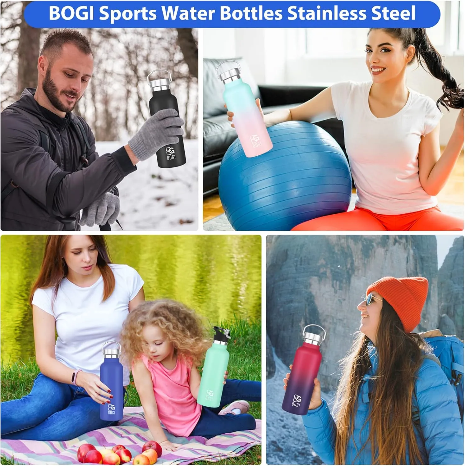 BOGI 20oz Insulated Water Bottle, Wide Mouth Stainless Steel Water Bottles Leakproof Metal Water Bottle with Straw and Handle BPA Free Steel Water Bottle for School Fitness Outdoor Sports-Dblue Red