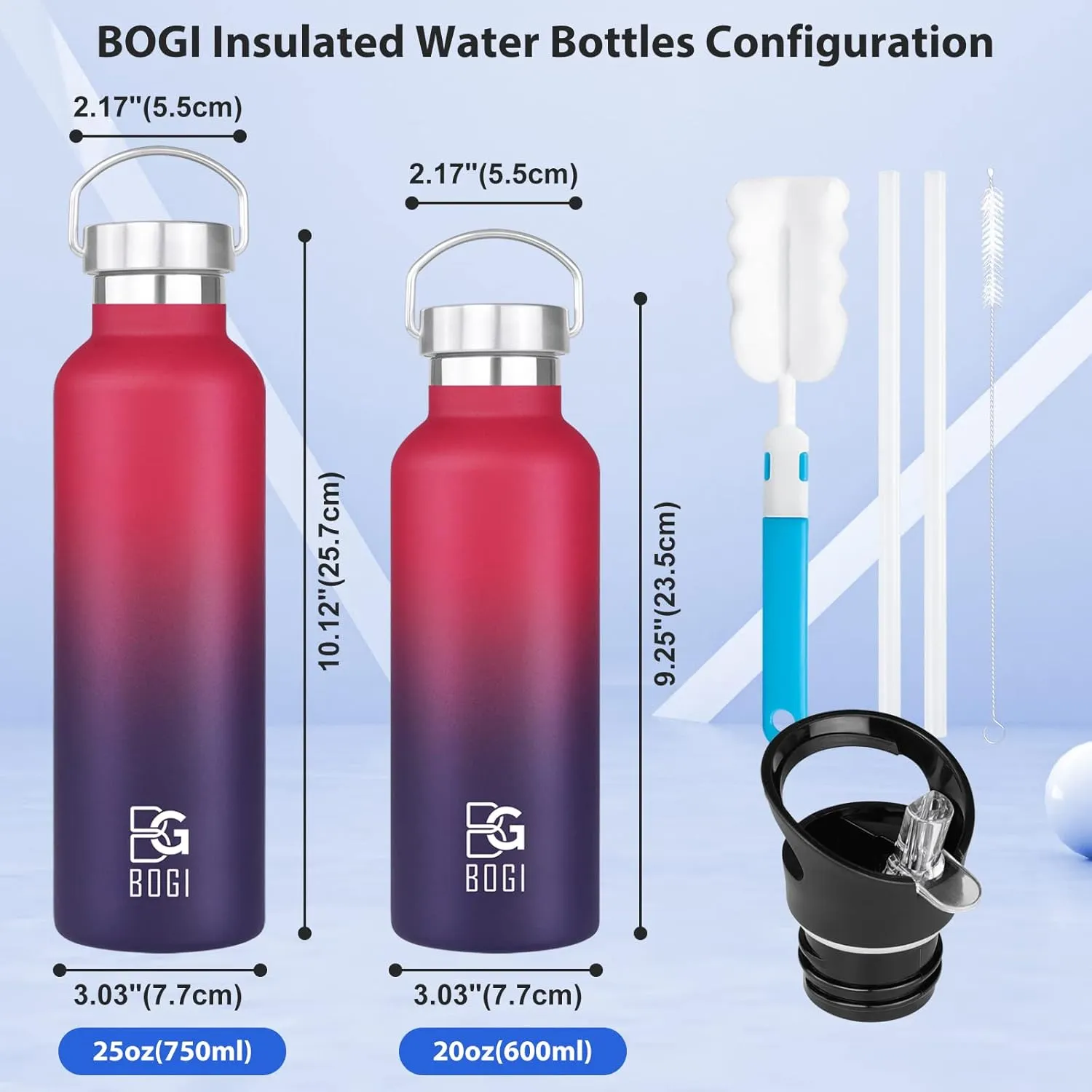 BOGI 20oz Insulated Water Bottle, Wide Mouth Stainless Steel Water Bottles Leakproof Metal Water Bottle with Straw and Handle BPA Free Steel Water Bottle for School Fitness Outdoor Sports-Dblue Red