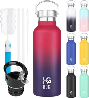 BOGI 20oz Insulated Water Bottle, Wide Mouth Stainless Steel Water Bottles Leakproof Metal Water Bottle with Straw and Handle BPA Free Steel Water Bottle for School Fitness Outdoor Sports-Dblue Red