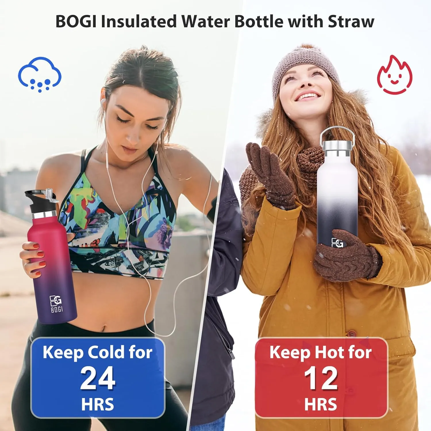 BOGI 20oz Insulated Water Bottle, Wide Mouth Stainless Steel Water Bottles Leakproof Metal Water Bottle with Straw and Handle BPA Free Steel Water Bottle for School Fitness Outdoor Sports-Dblue Red
