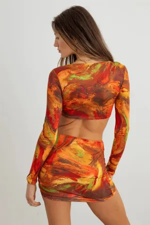 Boho Chic Tie-Dye Lace-Up Crop Top & Mini Skirt Set