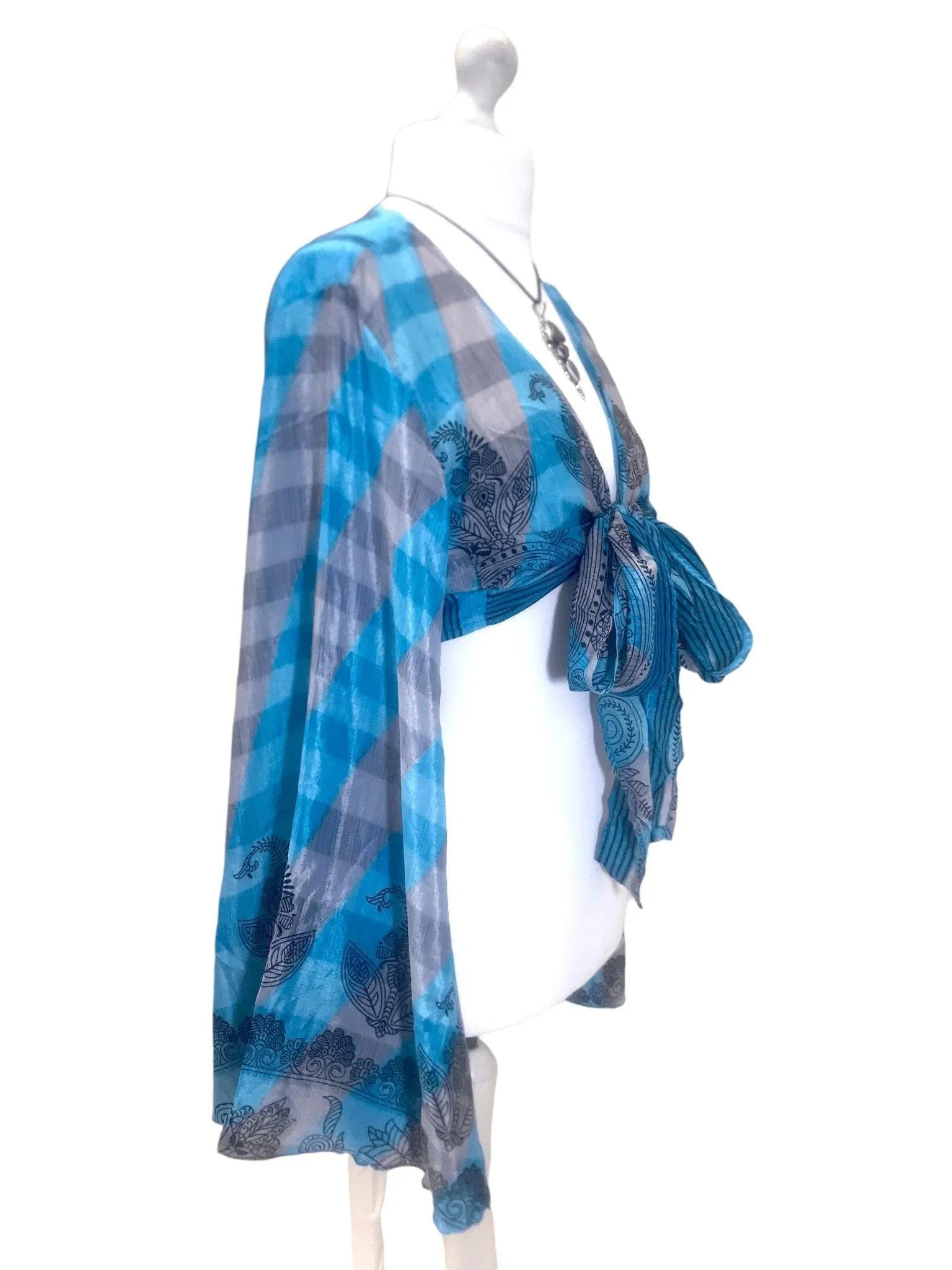 Boho hippy festival retro silk bell sleeve wrap kimono kaftan top uk 8 10 12 14