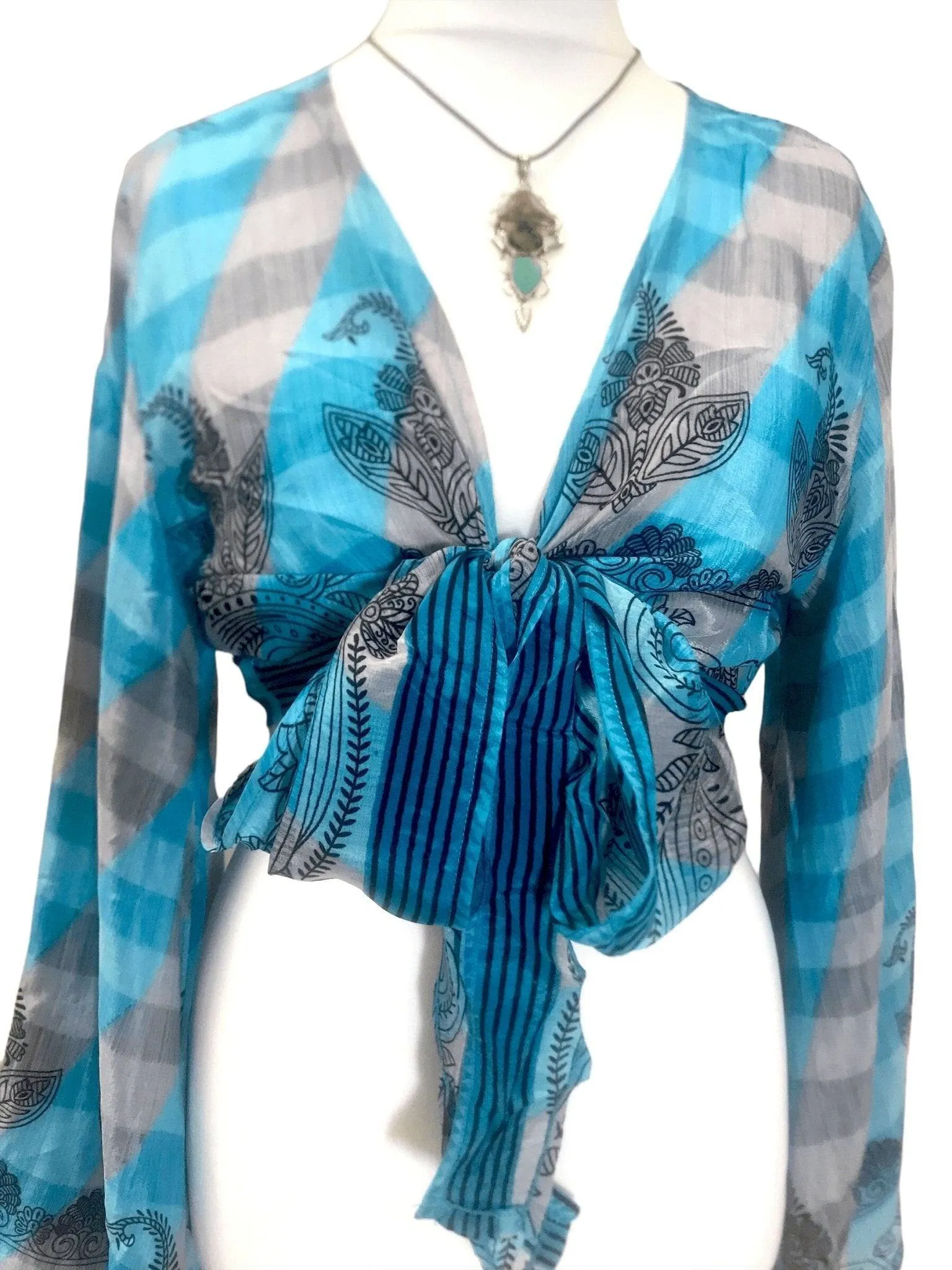 Boho hippy festival retro silk bell sleeve wrap kimono kaftan top uk 8 10 12 14