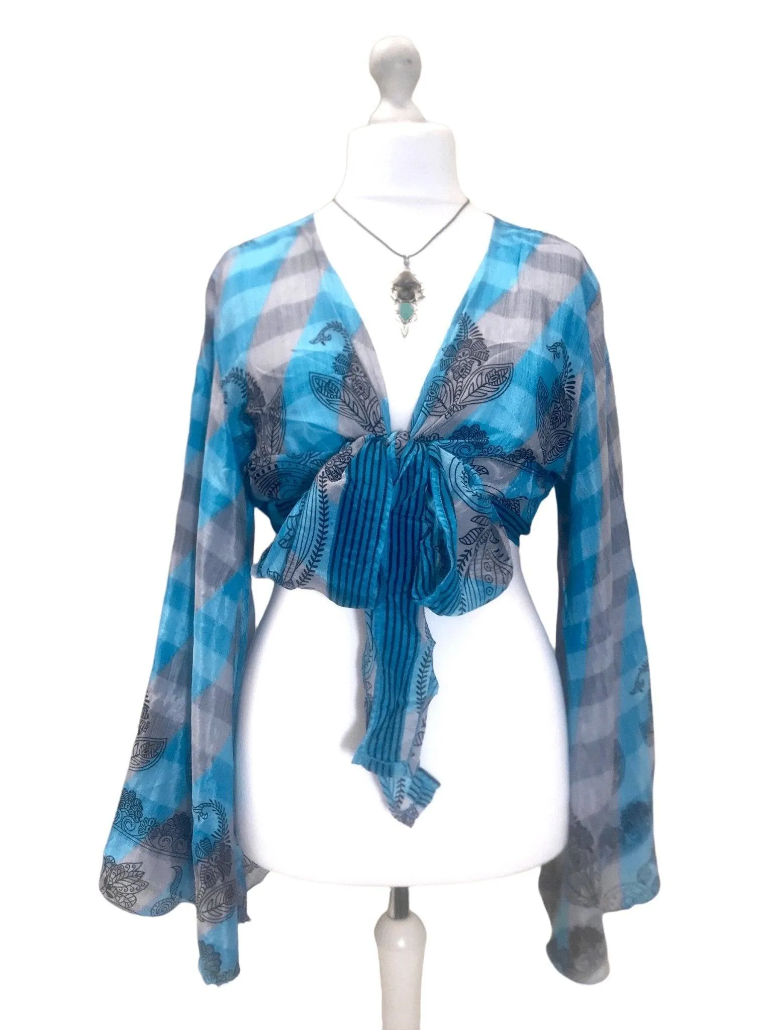 Boho hippy festival retro silk bell sleeve wrap kimono kaftan top uk 8 10 12 14