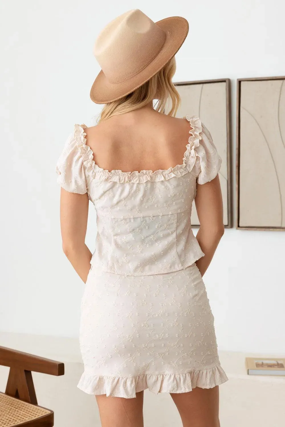 Boho Off Shoulder Button Top Ruffle Embroidered Skirt Set