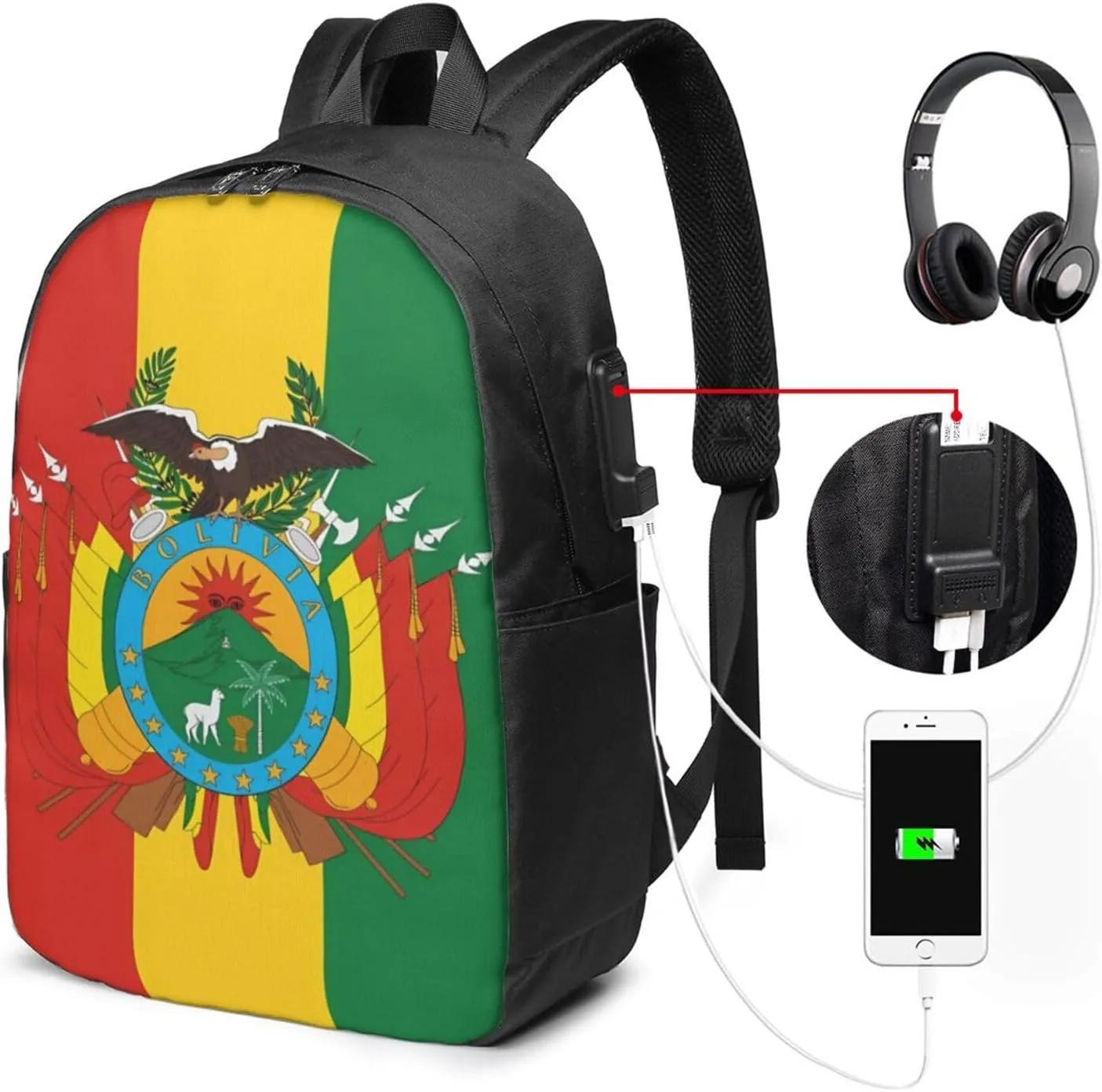 Bolivian Flag Travel Backpack 17-Inch Laptop Backpacks Business Rucksack Casual Sport Daypack with USB Charging Port Carry-on Bag for Camping Biking
