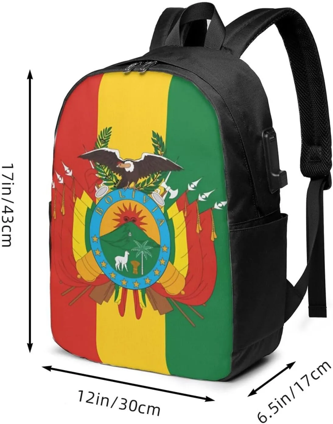 Bolivian Flag Travel Backpack 17-Inch Laptop Backpacks Business Rucksack Casual Sport Daypack with USB Charging Port Carry-on Bag for Camping Biking