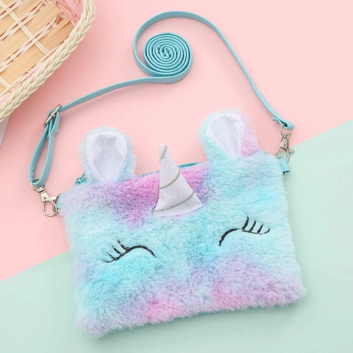 Bolley Joss Kids Crossbody Purse Girls Rainbow Unicorn Soft Plush Handbag Envelope Tie Dye Bag Adjustable Shoulder Strap