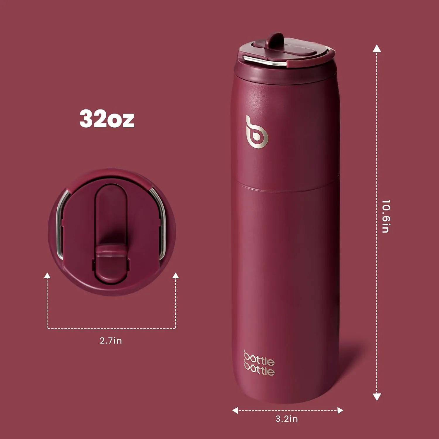 BOTTLE BOTTLE Stainless Steel Water Bottle with Straw and Lid, 32 oz Vacuum Insulated Cup,Stay Cold for 24 Hrs Hot for 12 Hrs, Leak-Proof Wide Mouth Sports Water Bottles red