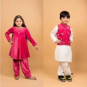 Boy & Girl Fuchsia Pink Velvet twinning set Duo