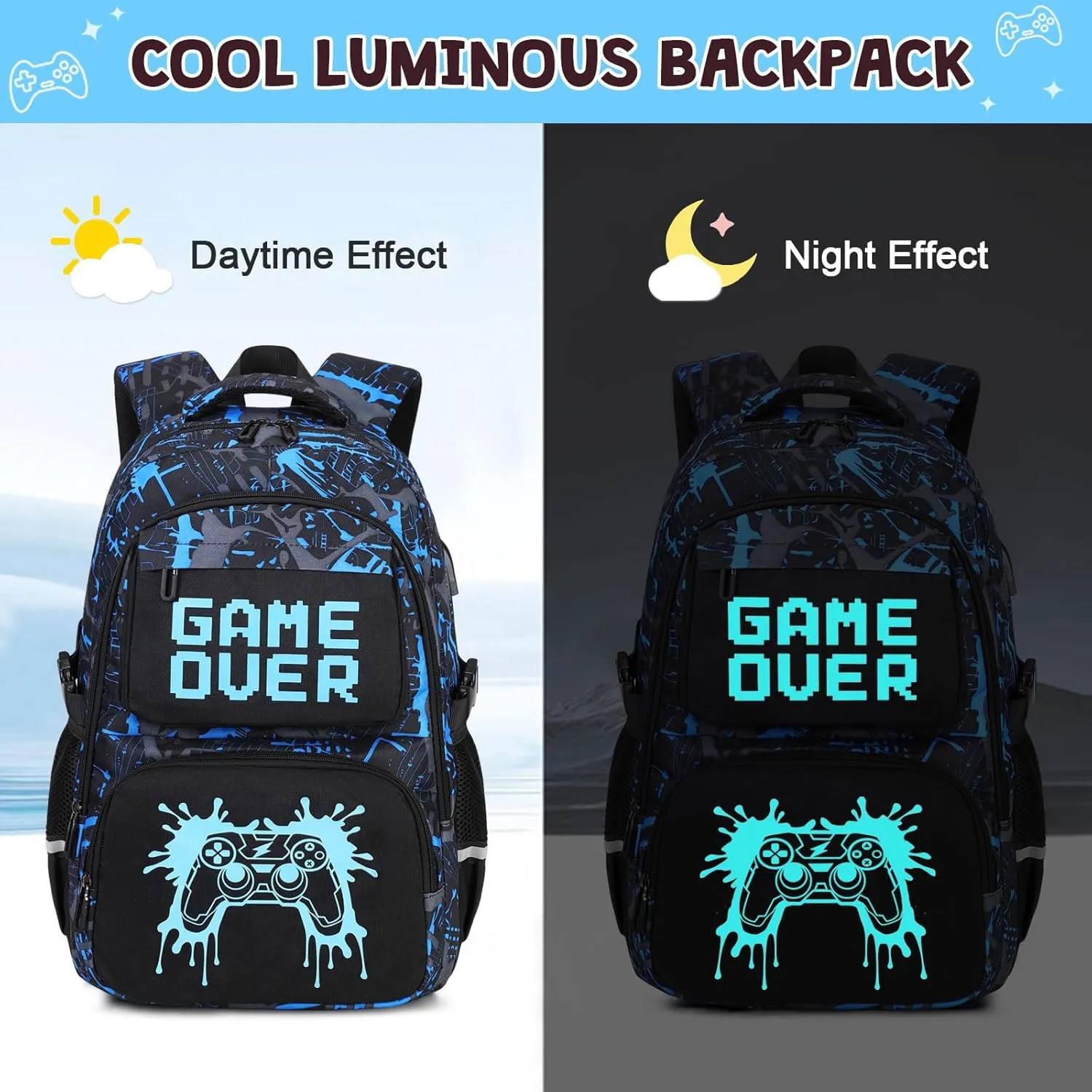 Boys Backpack for School, 3PCS Cool Luminous Backpack for Boys with Lunch Bag Pencil Case, Kids School Bookbag Teen Boys Backpacks for Kindergarten Elementary Middle School
