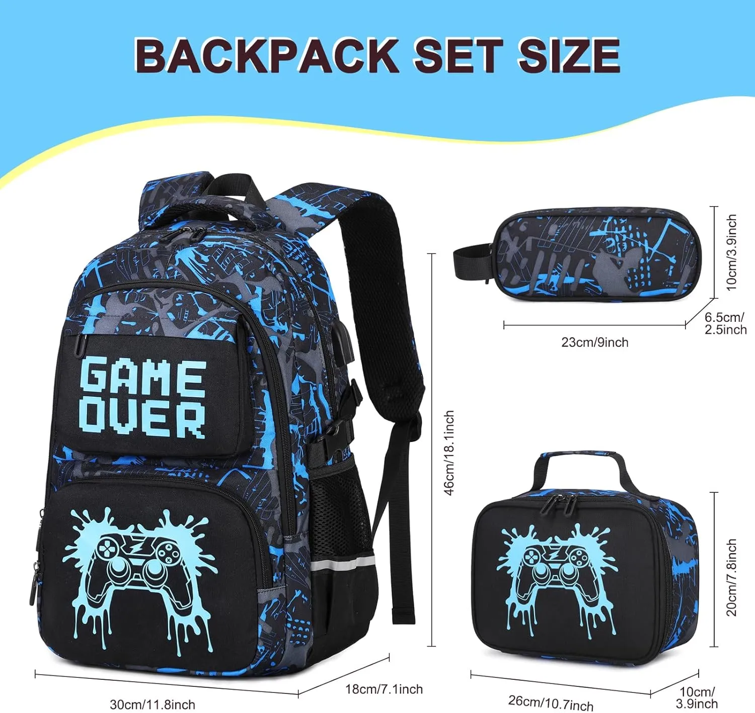Boys Backpack for School, 3PCS Cool Luminous Backpack for Boys with Lunch Bag Pencil Case, Kids School Bookbag Teen Boys Backpacks for Kindergarten Elementary Middle School