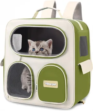 Breathable Cat Carrier Large Cat Backpack Carrier, Soft Pet Carrier for Large Cats and Small Dogs up to 22 Lbs, Multiple Pockets Collapsible Cat Carrier for Travel Hiking（Green）