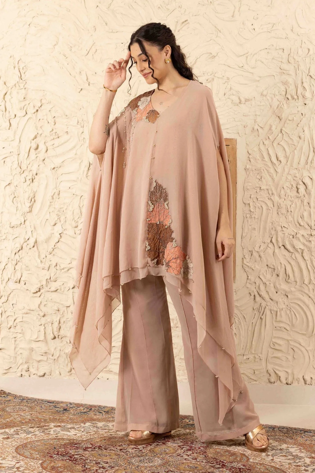 Brown Embroidered Cape & Pants