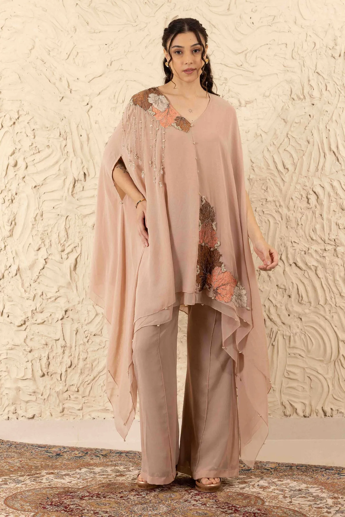 Brown Embroidered Cape & Pants