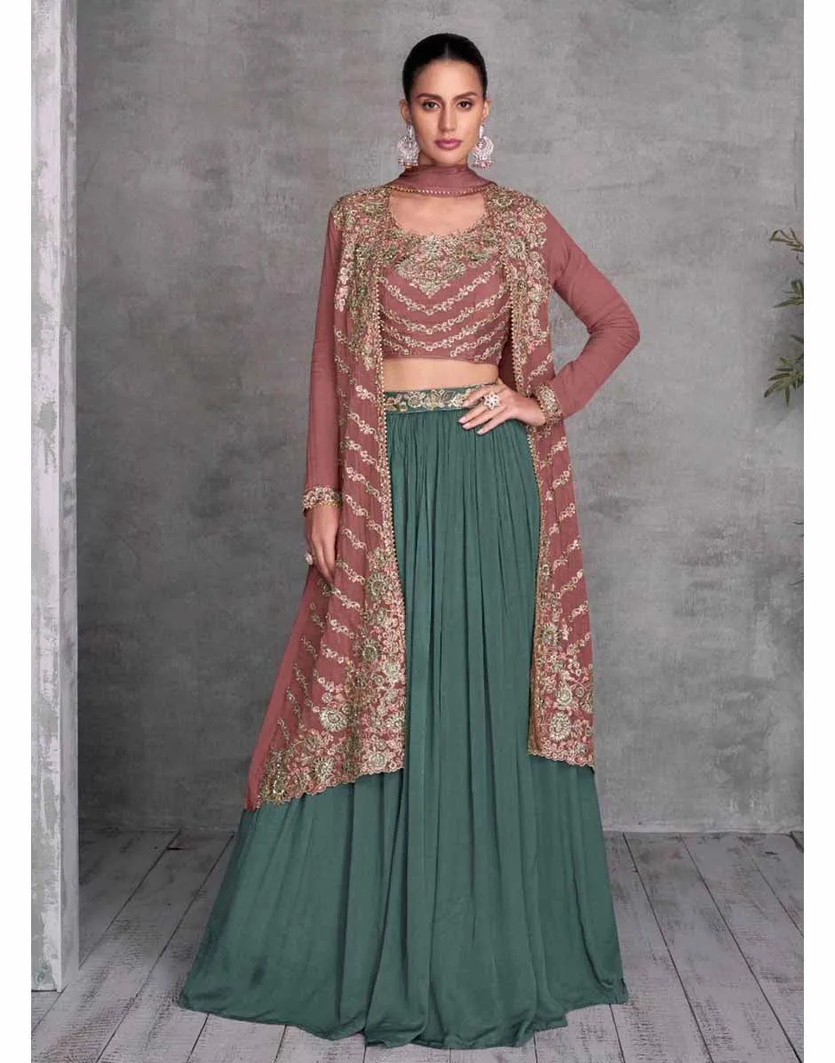 Brown Embroidered Top Skirt Set
