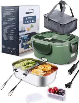 Buddew Electric Lunch Box 80W Food Heater for Adults, 12/24/110V Portable Lunch Warmer Upgraded Heated Lunch Box for Car/Truck/Office with SS Fork&Spoon and Insulated Carry Bag (Dark Green)