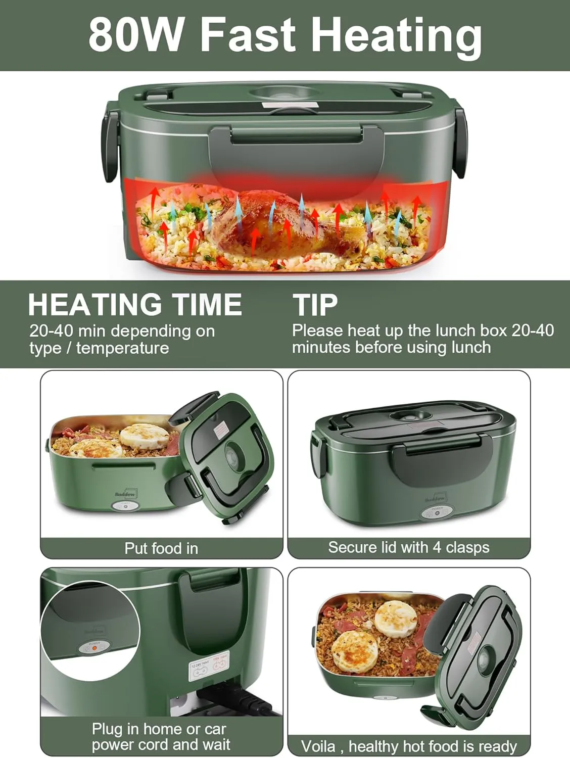 Buddew Electric Lunch Box 80W Food Heater for Adults, 12/24/110V Portable Lunch Warmer Upgraded Heated Lunch Box for Car/Truck/Office with SS Fork&Spoon and Insulated Carry Bag (Dark Green)