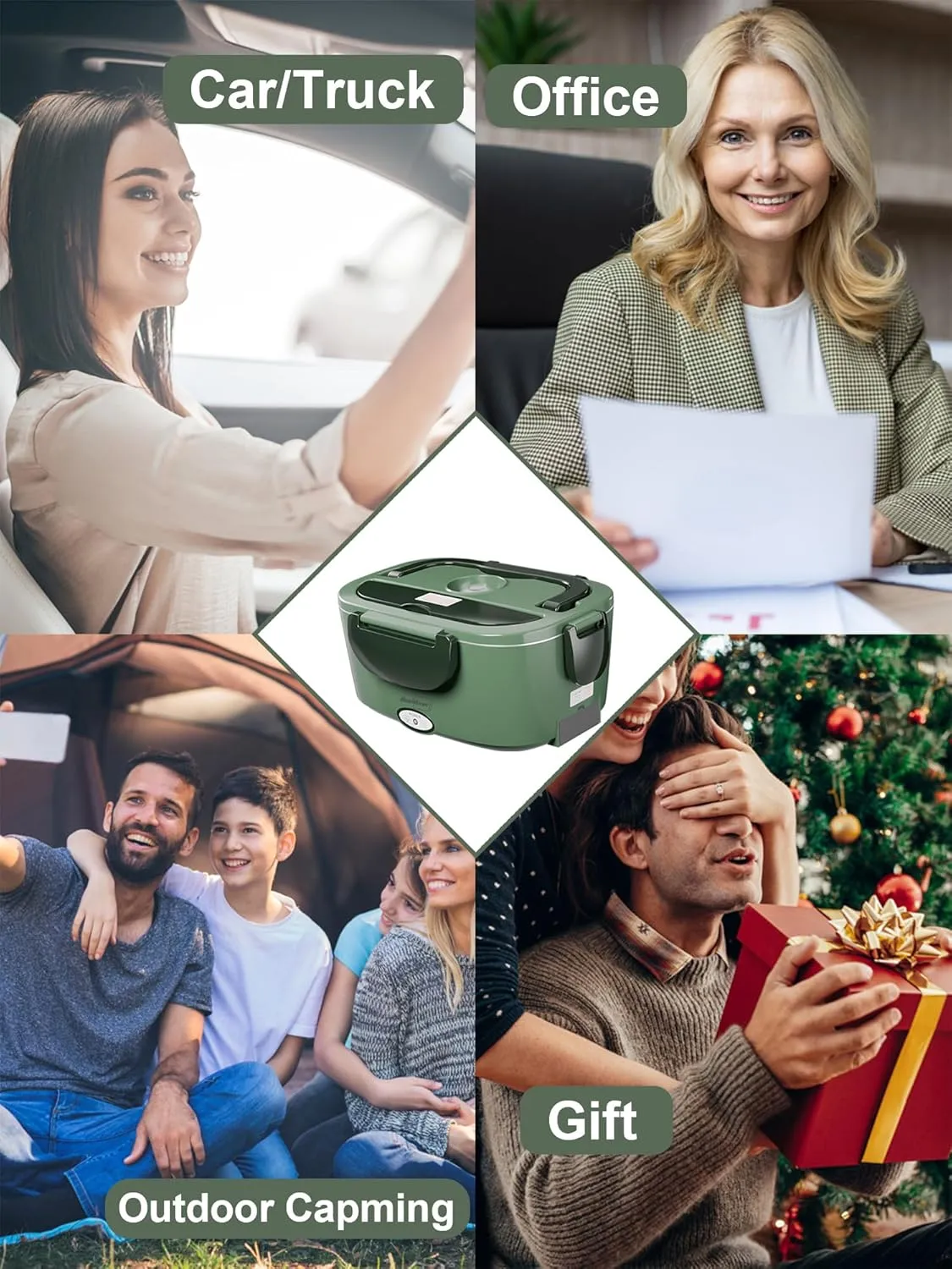 Buddew Electric Lunch Box 80W Food Heater for Adults, 12/24/110V Portable Lunch Warmer Upgraded Heated Lunch Box for Car/Truck/Office with SS Fork&Spoon and Insulated Carry Bag (Dark Green)