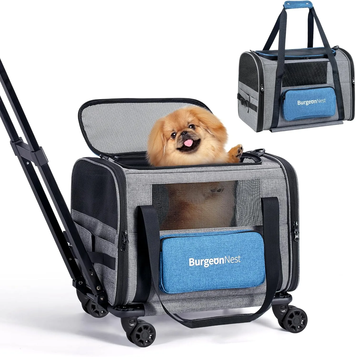 BurgeonNest Cat Carrier with Wheels, Pet Carrier for Dogs 25 lbs with Telescopic Handle, Small Dog Bag with Wheels Removable, Soft Rolling Cat Purse with Large Pocket for Travel Vet Visits