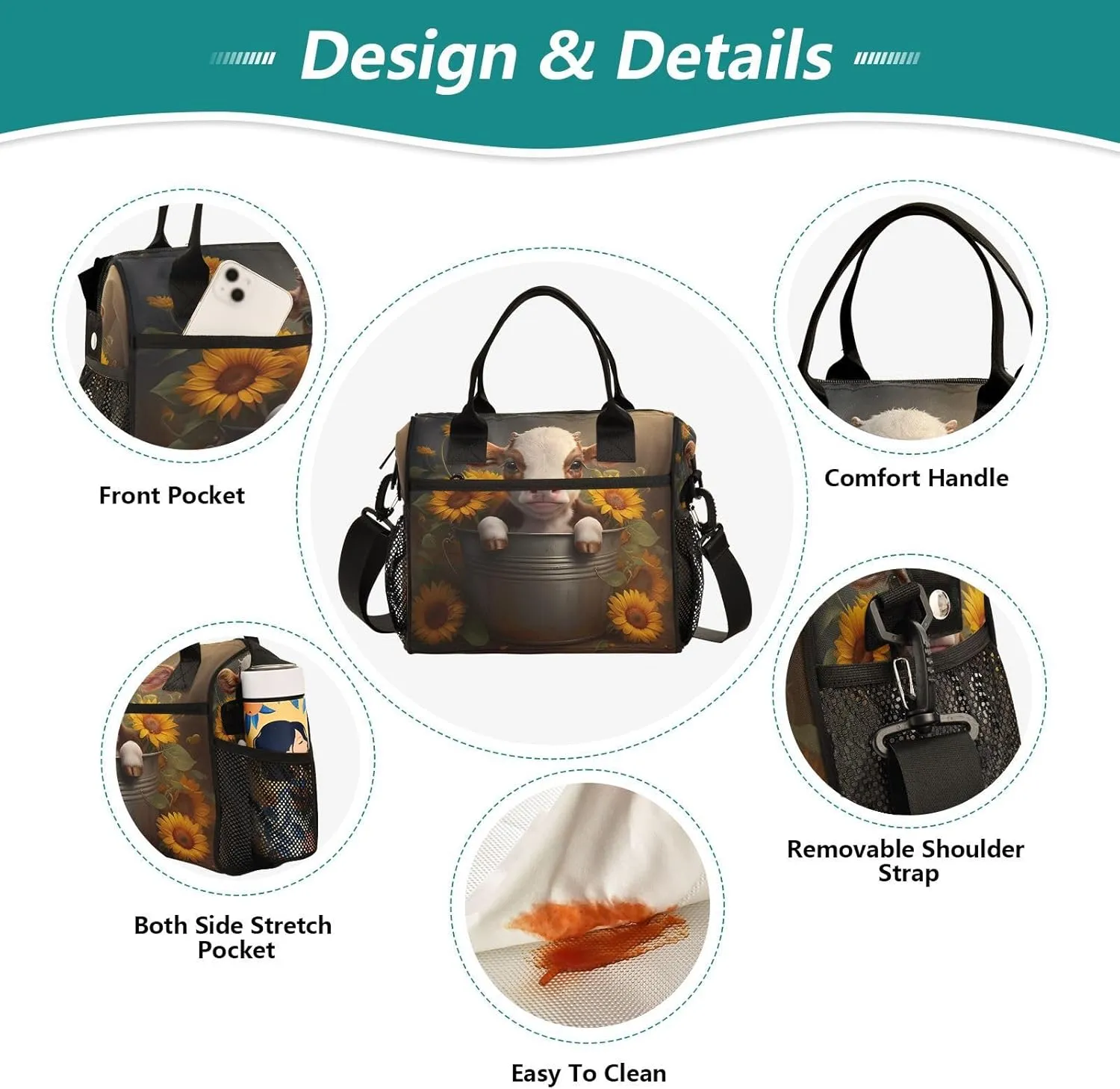 Calf Sunflowers Dark Brown Lunch Bag for Women Insulated Cooler Bag with Adjustable Shoulder Strap for Hiking Men S