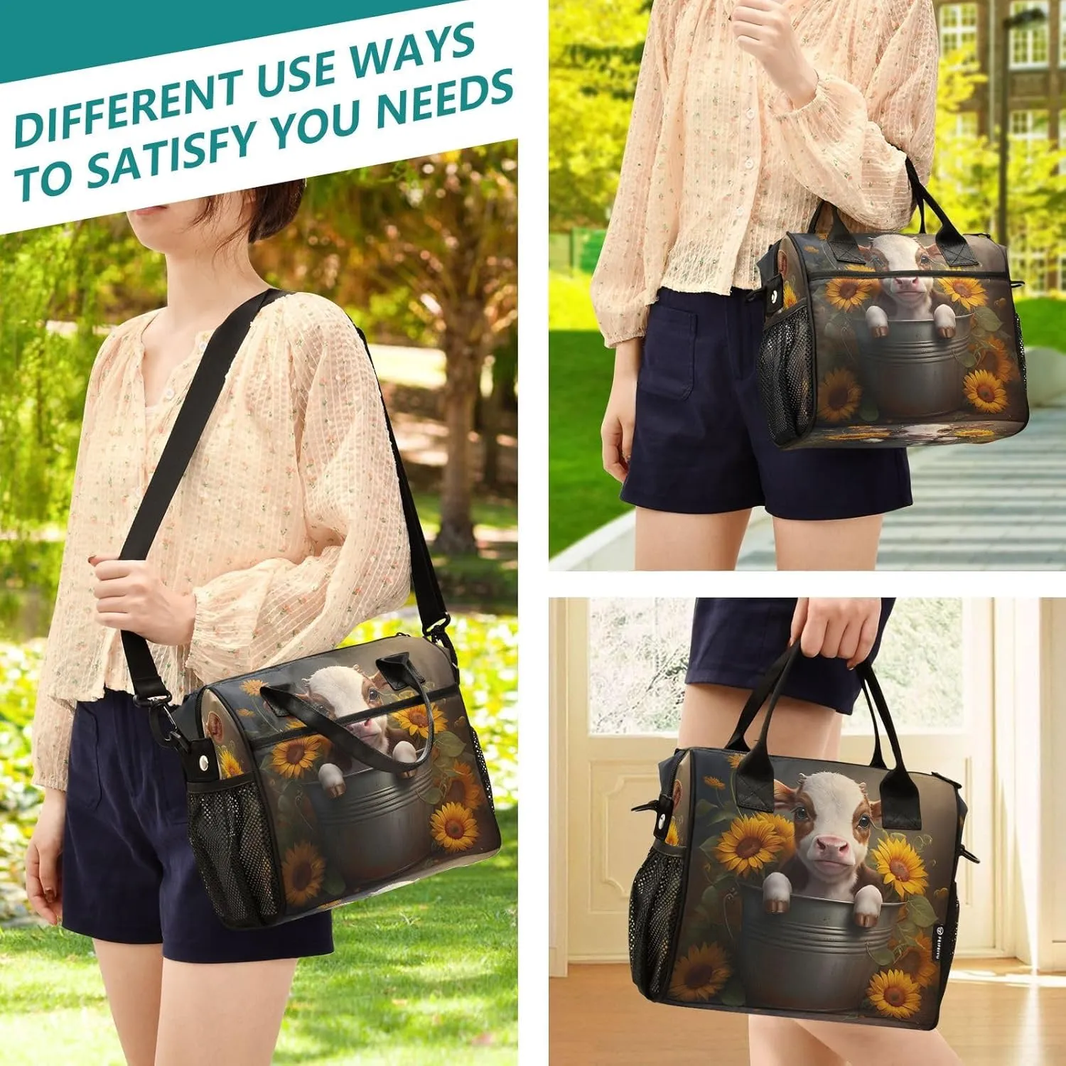 Calf Sunflowers Dark Brown Lunch Bag for Women Insulated Cooler Bag with Adjustable Shoulder Strap for Hiking Men S