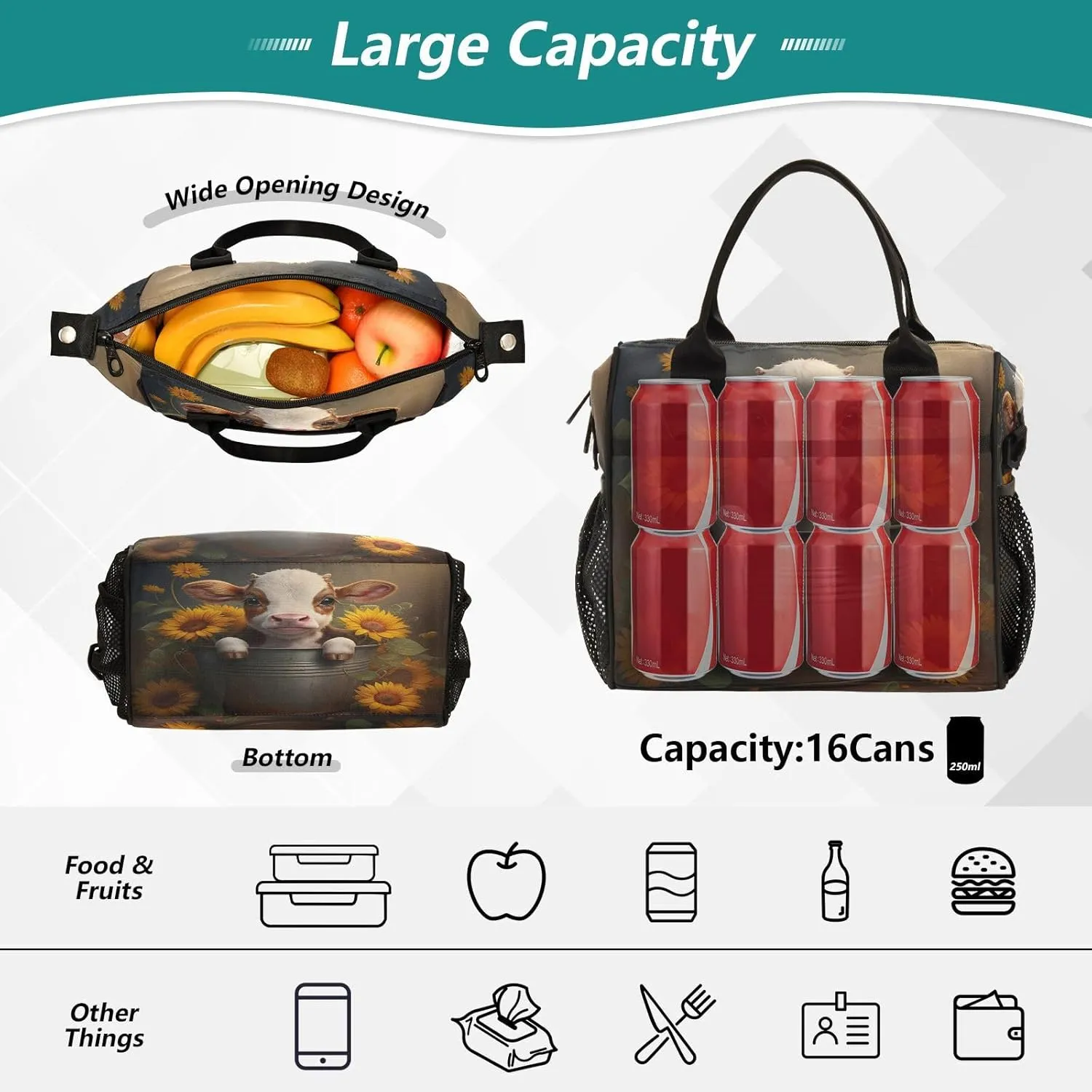 Calf Sunflowers Dark Brown Lunch Bag for Women Insulated Cooler Bag with Adjustable Shoulder Strap for Hiking Men S