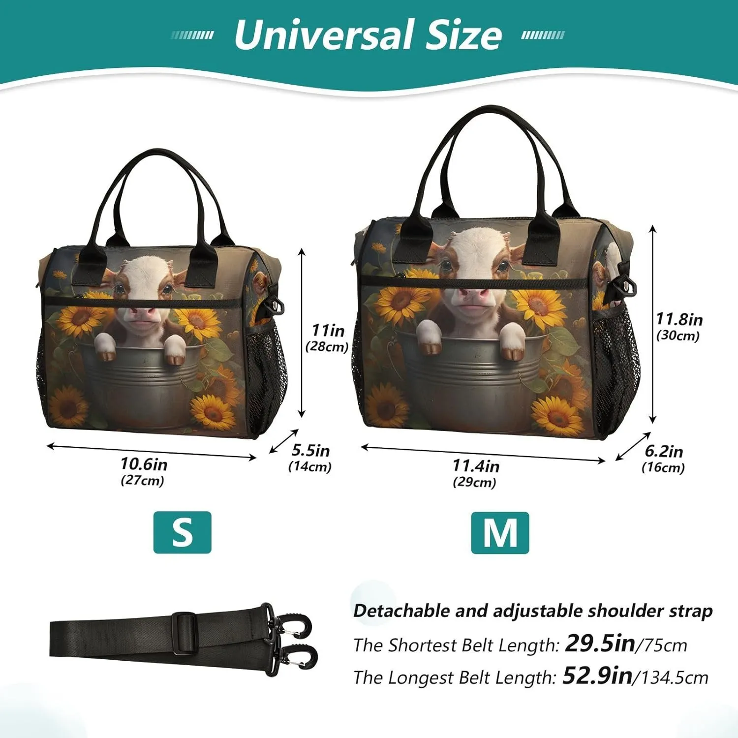 Calf Sunflowers Dark Brown Lunch Bag for Women Insulated Cooler Bag with Adjustable Shoulder Strap for Hiking Men S