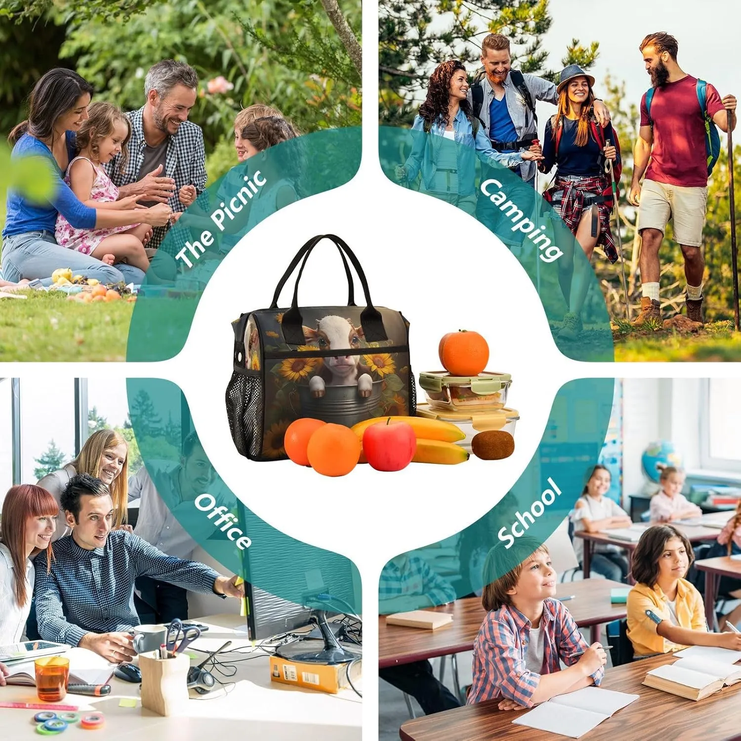 Calf Sunflowers Dark Brown Lunch Bag for Women Insulated Cooler Bag with Adjustable Shoulder Strap for Hiking Men S